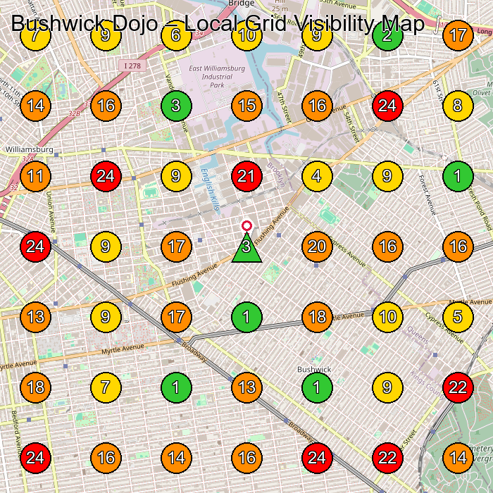 Bushwick Dojo Martial Arts School GeoGrid ranking map for Brooklyn NY